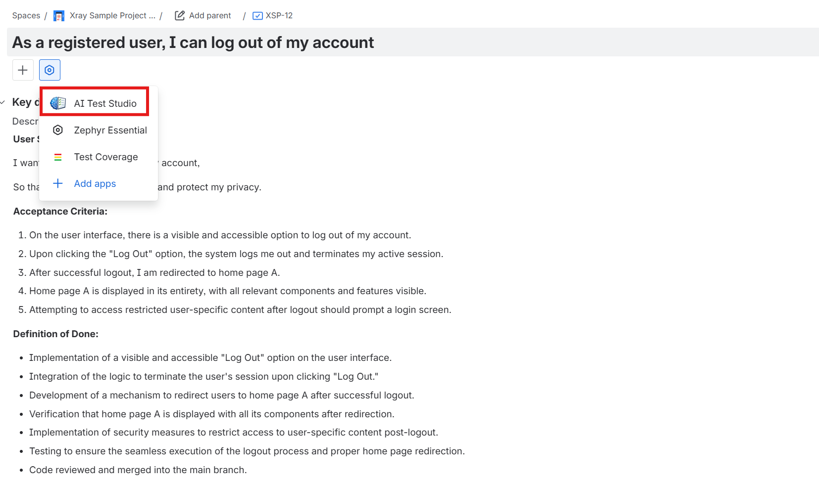 Jira issue view showing where AI Test Studio can be opened from within the issue interface.