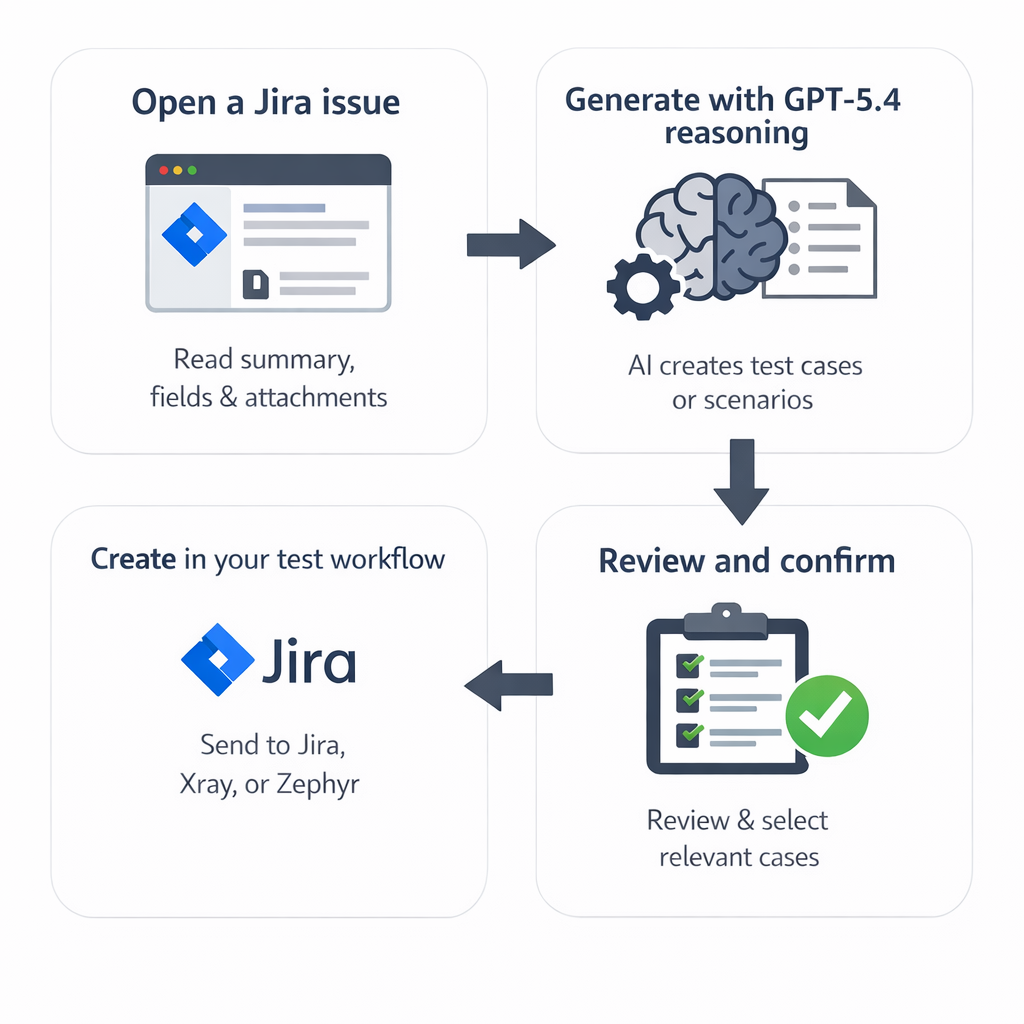 Flow diagram showing the AI Test Studio process: open a Jira issue, generate with GPT-5.4 reasoning, review and confirm, then create in Jira, Xray, or Zephyr.